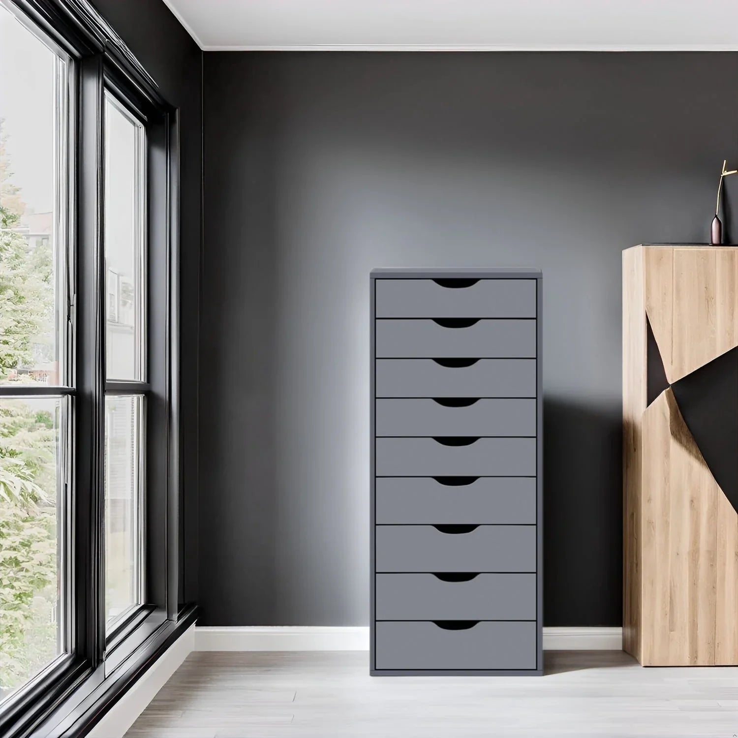 Étroite commode en bois à 9 tiroirs coulissants et étagère de rangement supérieure