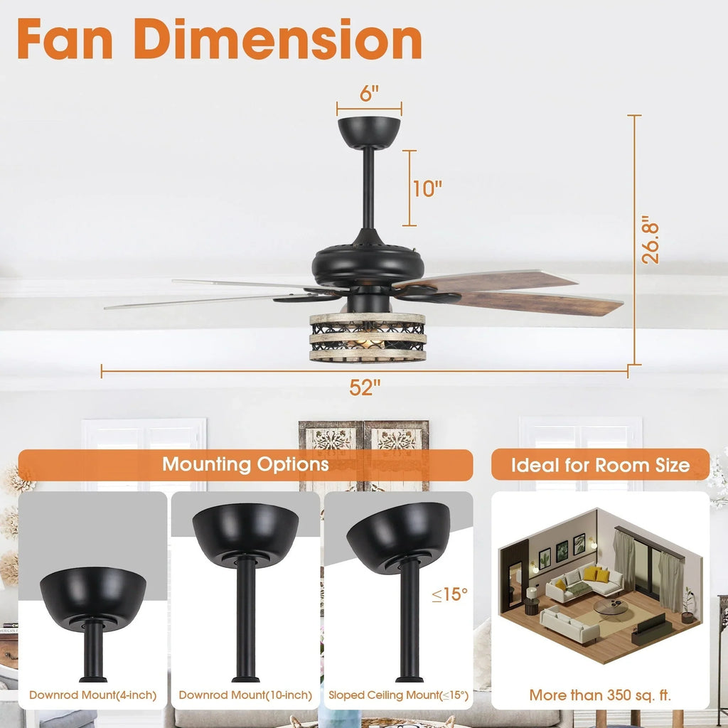Ventilateur de plafond 52" Farmhouse Driftwood avec 5 pales, cage noire et télécommande