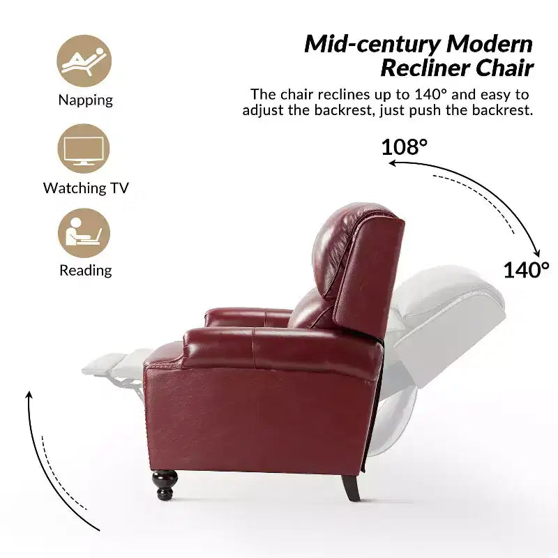 Ensemble de 2 fauteuils inclinables modernes en cuir véritable Elisabete avec garniture cloutée vintage pour salon et chambre à coucher | ART OF LIVING DESIGNS
