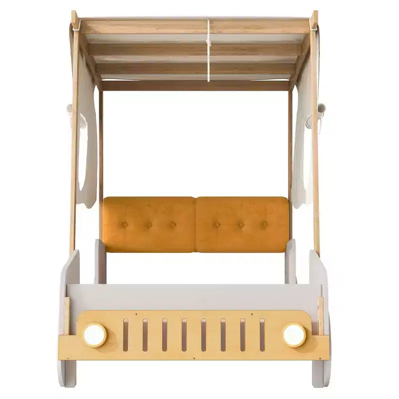 Lit de voiture Whisen Wood avec oreiller, tissu de plafond et LED - Naturel