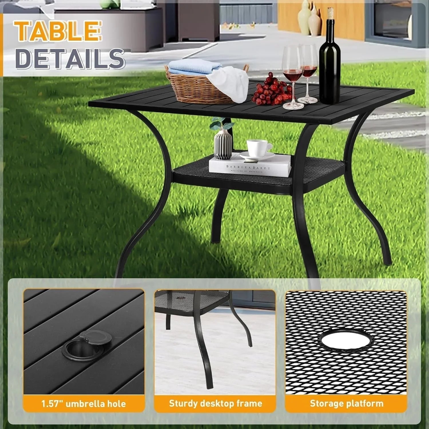 SUNCROWN Salon de jardin 5/7 pièces en acier avec table à lattes métalliques et chaises empilables Structure thermolaquée