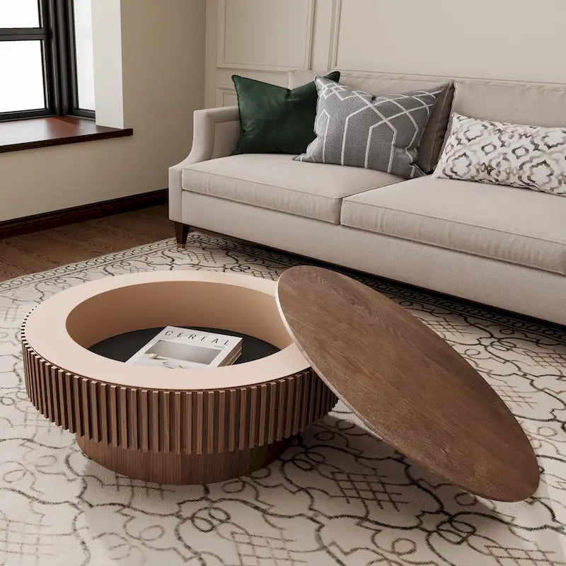 Table basse/de salon ronde moderne plaquée en bois massif avec rangement