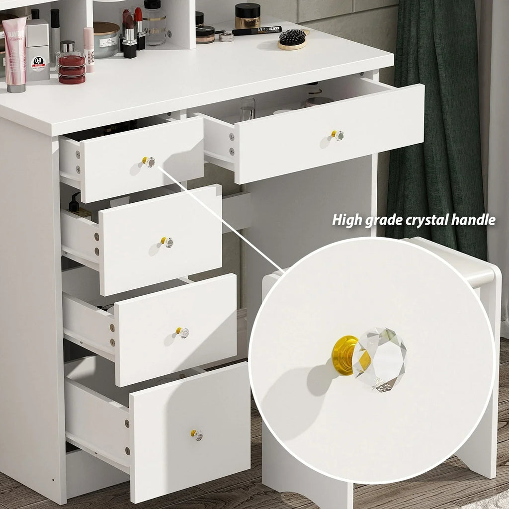 Coiffeuse avec miroir LED intégré et tabouret