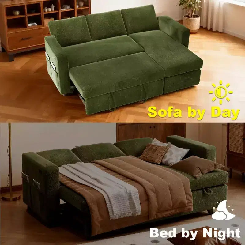 Canapé-lit convertible 2-en-1 avec méridienne de rangement, canapé d'angle en chenille avec ports USB pour salon