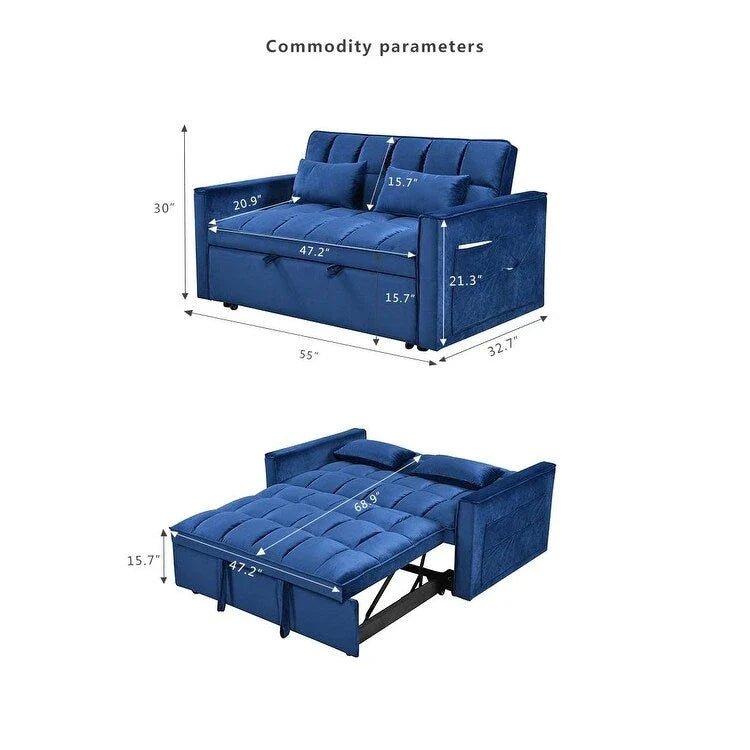 Causeuse futon moderne en velours avec dossier inclinable et poches, 2 places ??Gris foncé / Gris clair / Bleu / Noir