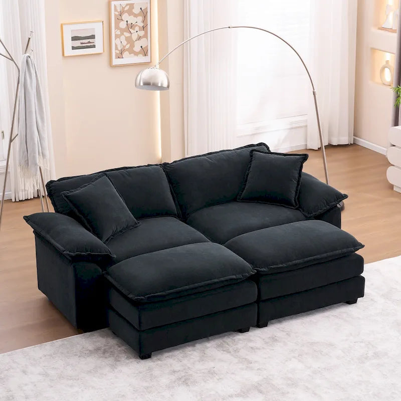 Canapé 2 places avec 2 coussins de siège, 2 oreillers et 2 poufs, canapé confortable - Canapé profond de salon, canapé modulable