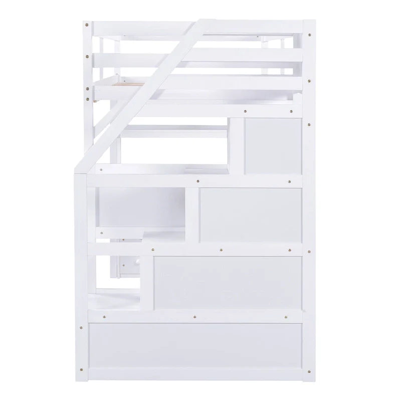 Lit mezzanine taille jumeau avec bureau et étagères, deux tiroirs intégrés, escalier de rangement