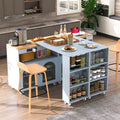 Îlot de cuisine roulant avec 2 portes en verre, Desserte de cuisine avec table extensible et prises de courant, Îlot de cuisine avec étagères ouvertes latérales