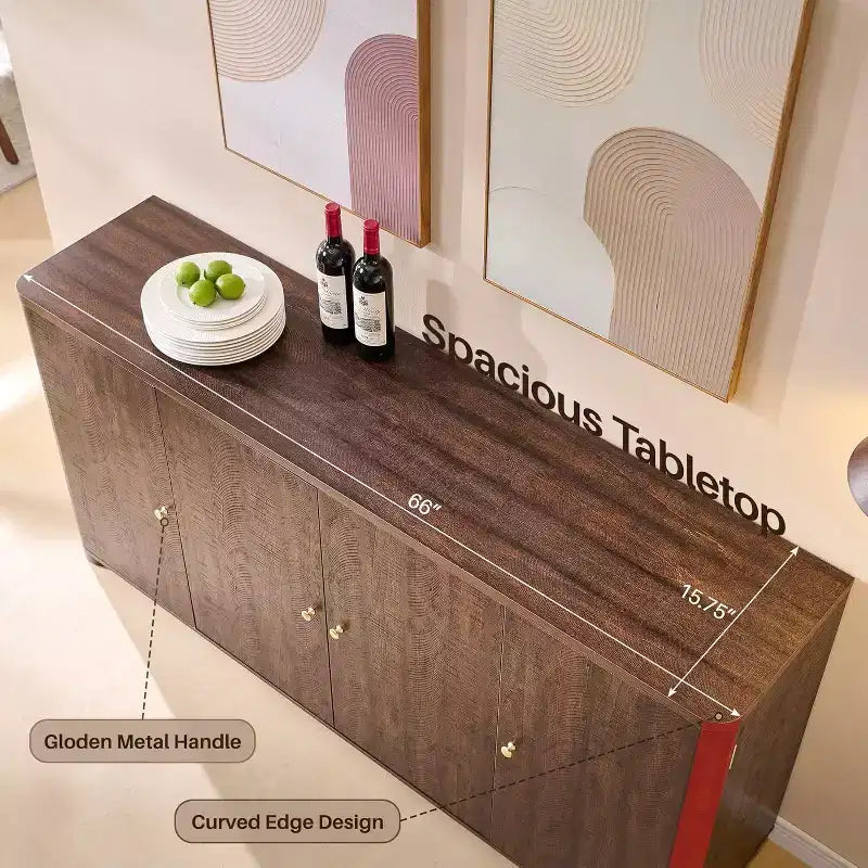 Buffet de cuisine avec 4 portes et étagères, grand buffet de rangement moderne, buffet de rangement de 66 po pour bar à café