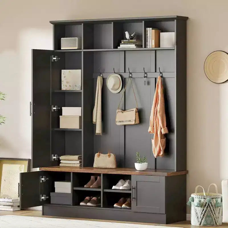 Meuble d'entrée avec banc à chaussures, porte-manteau multifonctionnel avec 6 crochets, porte-manteau de couloir en bois avec rangement à chaussures pour entrée ou salon