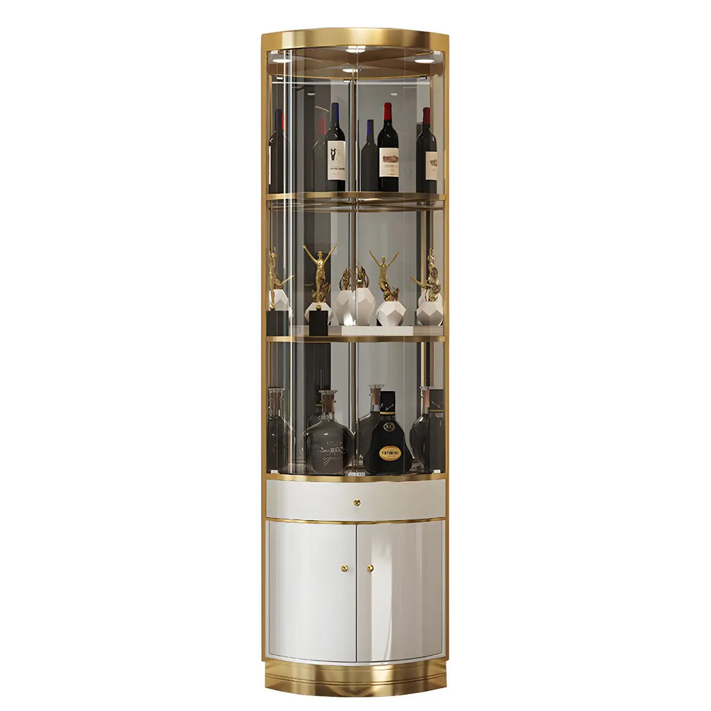Vitrine d'angle arrondie en métal doré, verre et finition brillante Glam