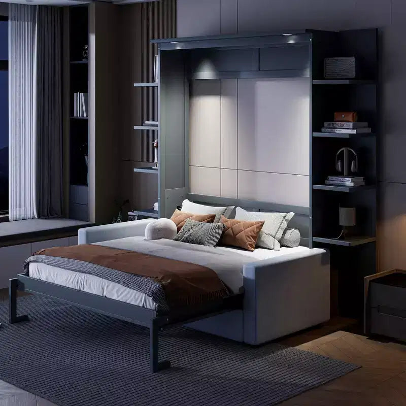 Lit escamotable mural Whisen Modern Design Queen size en bois avec canapé et étagères