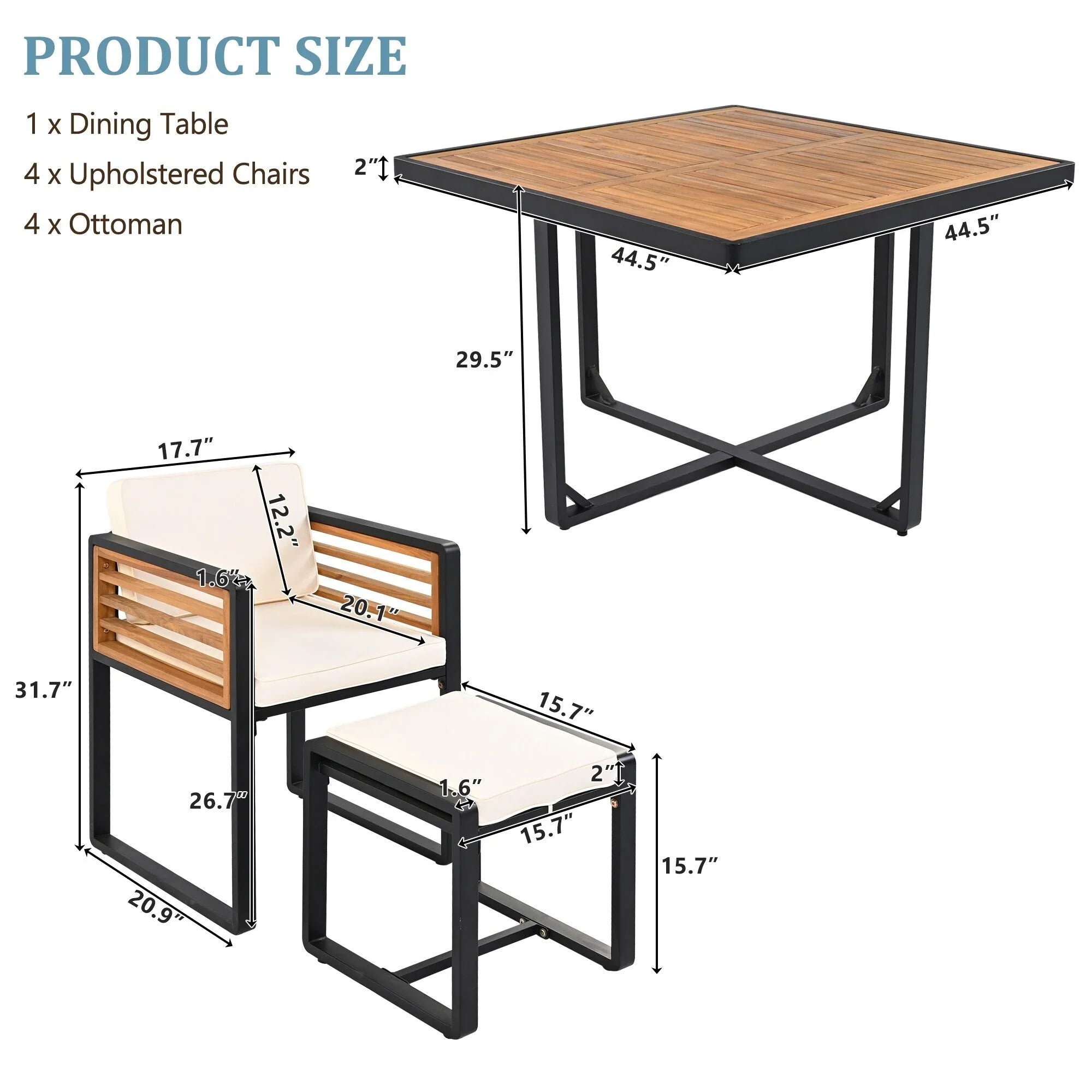 Ensemble de salle à manger d'extérieur 18 pièces en bois d'acacia, 8 chaises rembourrées, 8 poufs et 2 tables carrées