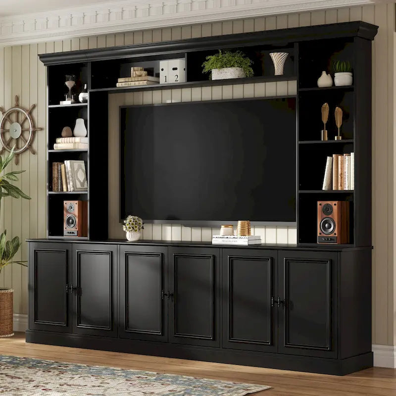 Ensemble mural de 4 meubles TV avec pont pour téléviseurs jusqu'à 70 pouces, meuble TV avec étagères réglables, grande console multimédia