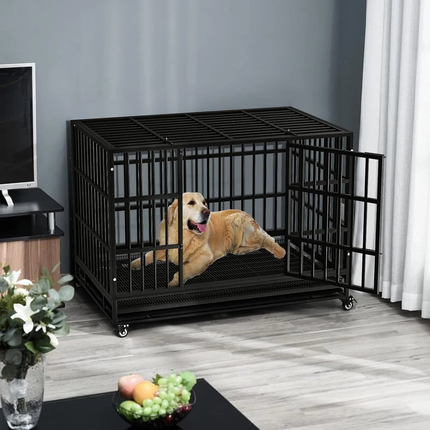 BOSSIN Cage pour Chien Robuste Indestructible 48/38 Pouces, Niche Anti-Évasion avec Roues Verrouillables
