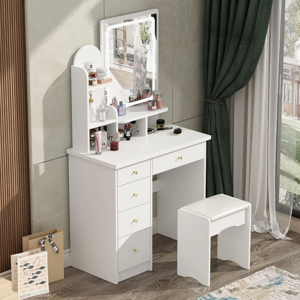Coiffeuse avec miroir LED intégré et tabouret
