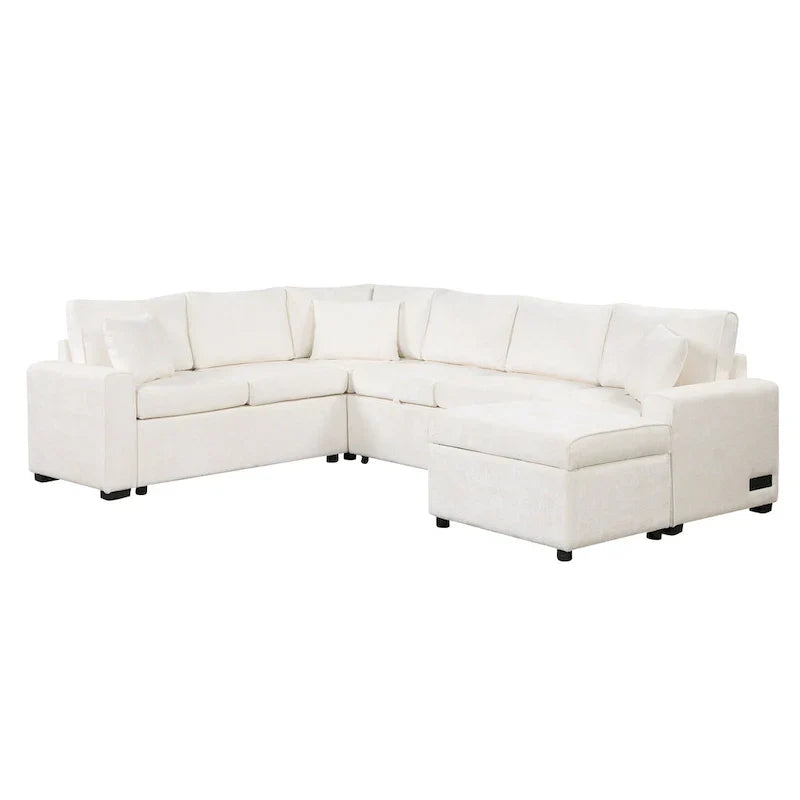 Canapé d'angle en chenille convertible, canapé-lit en forme de L avec pouf de rangement, 3 oreillers et dispositifs de charge