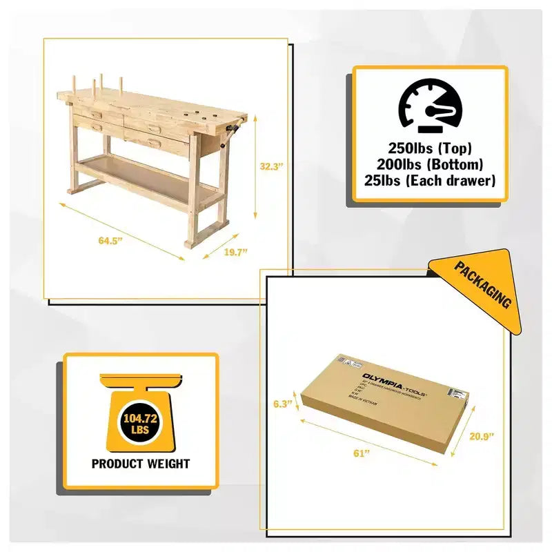 Établi en bois d'hévéa Olympia Tools 60, 4 tiroirs, capacité de 204 kg