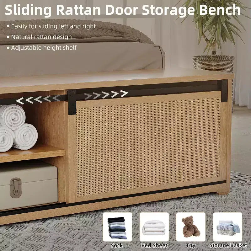 Cadre de lit en rotin naturel style bohème-ferme, rangement avec porte de grange coulissante et tête de lit lumineuse à LED, pieds de support en bois massif.