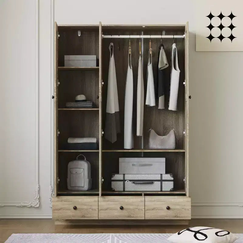 Armoire en rotin Famapy à 3 tiroirs, placard à 3 portes en rotin respirant, armoire de rangement haute de style ferme pour chambre à coucher