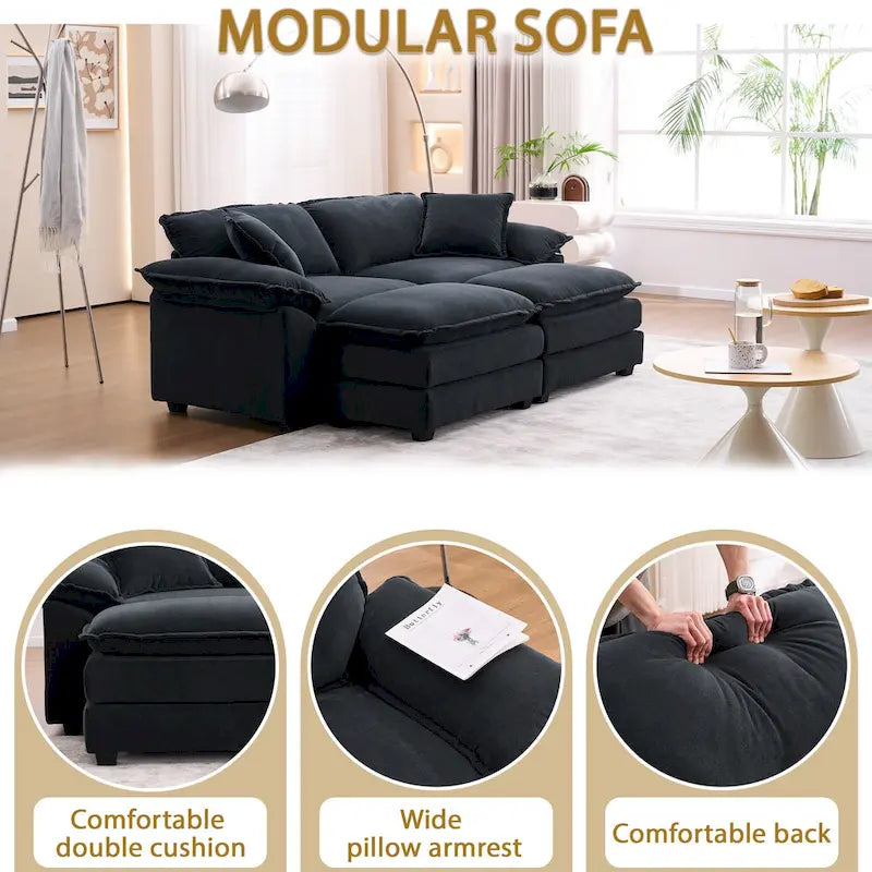 Canapé 2 places avec 2 coussins de siège, 2 oreillers et 2 poufs, canapé confortable - Canapé profond de salon, canapé modulable