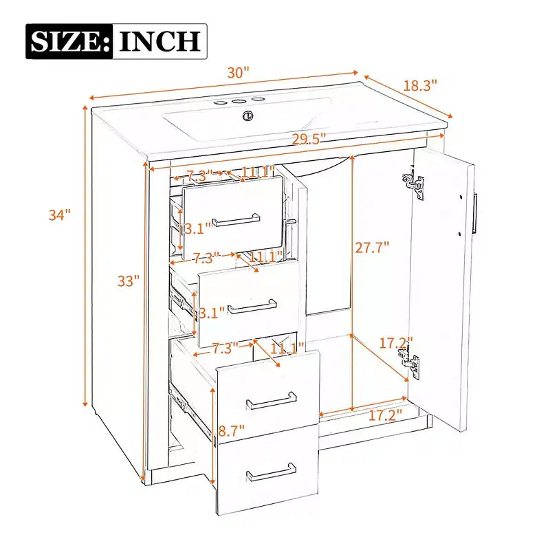 Meuble-lavabo simple de 30 po avec armoire et 3 tiroirs – Noir / Bleu / Vert / Indigo / Blanc