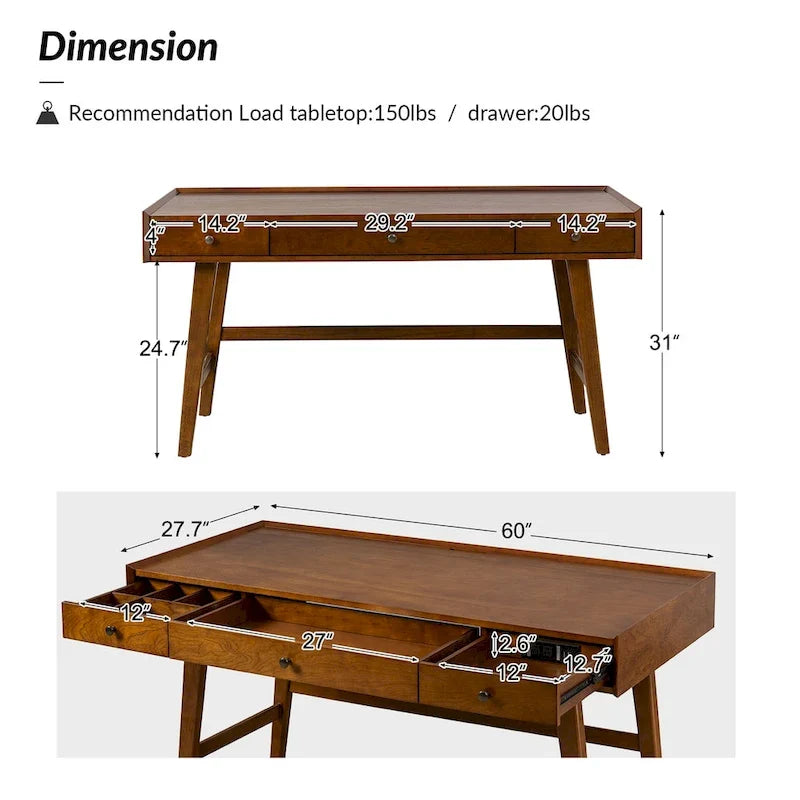 Bureau de direction Mid-century Eugenia avec séparateur de tiroir, gestion des câbles et station de charge par HULALA HOME
