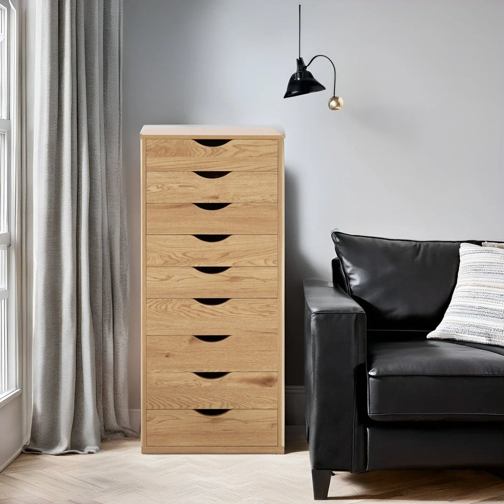 Étroite commode en bois à 9 tiroirs coulissants et étagère de rangement supérieure