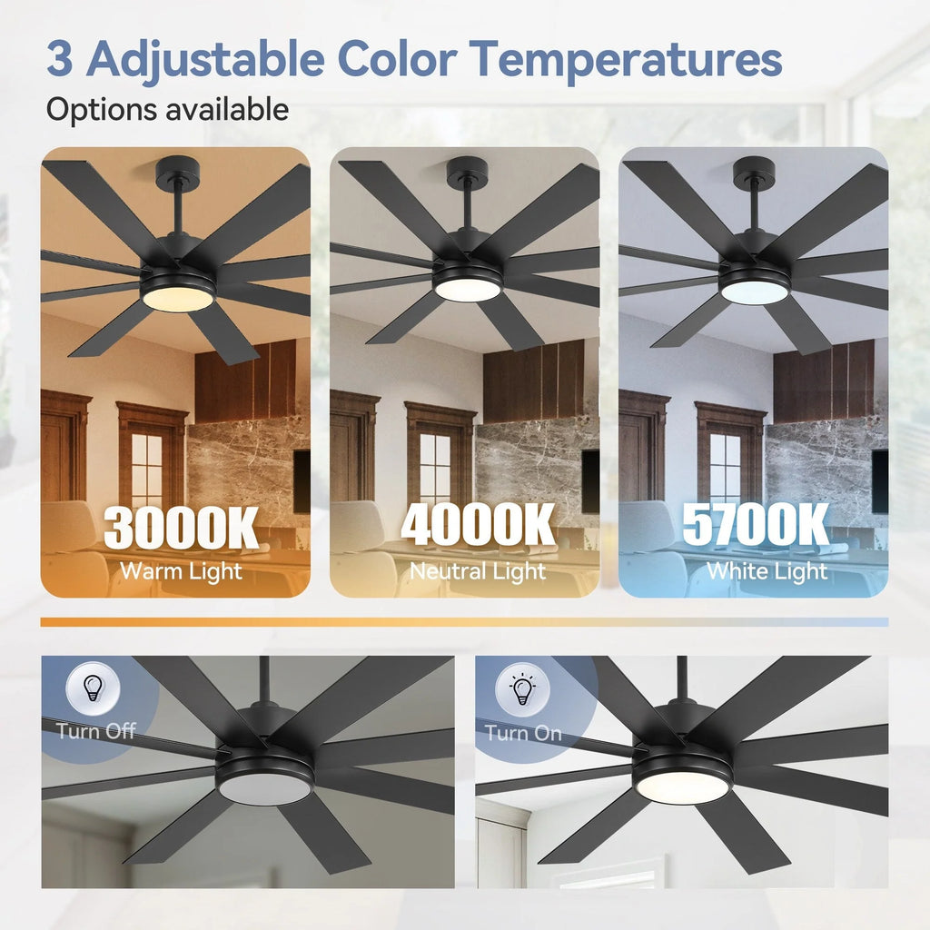 Ventilateur de plafond de 65 pouces à 8 pales noires avec lumière LED et télécommande