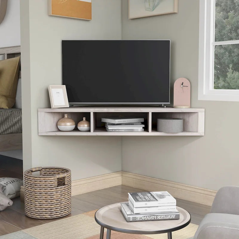 Meuble TV d'angle flottant de 119 cm, 3 étagères, style transitionnel, fixation murale gain de place