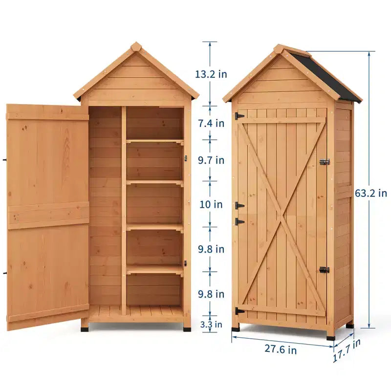 Armoire à outils d'extérieur en bois imperméable, avec portes doubles verrouillables, 3 étagères réglables et toit incliné – Rangement peu encombrant pour terrasse, cour ou pelouse