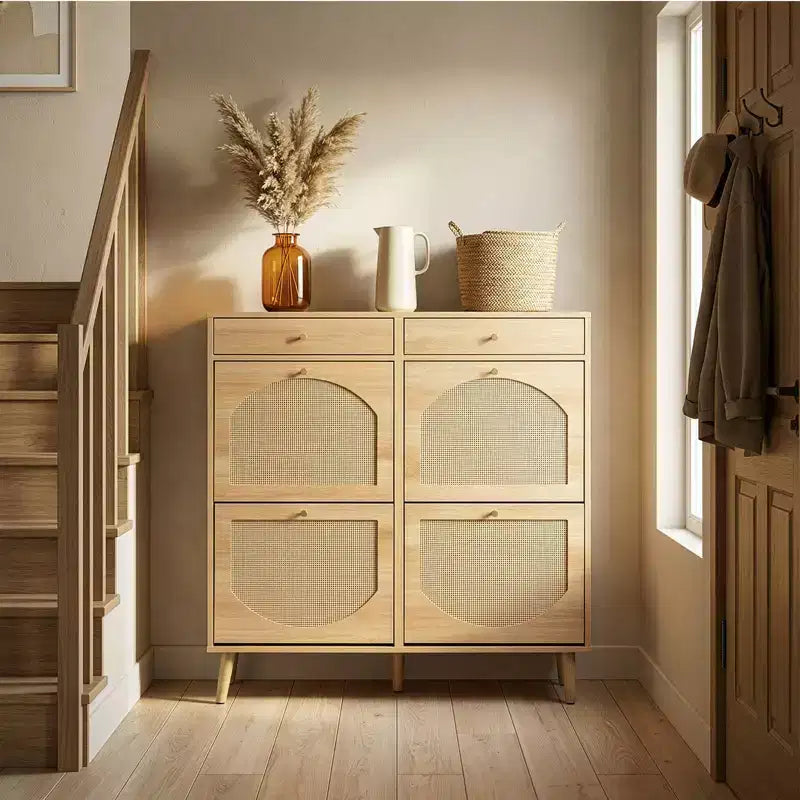 Karl Home Meuble à chaussures en rotin avec 2 tiroirs et 4 compartiments basculants en panneaux de particules 105 cm (L)