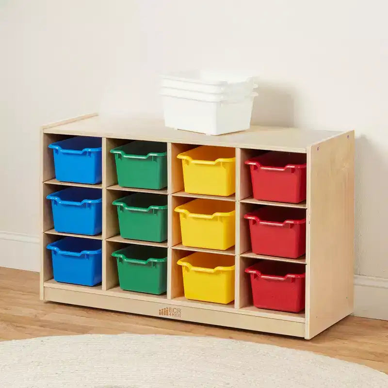 Meuble de rangement à roulettes Cubby avec 15 bacs à ouverture frontale, 3x4, Meuble pour enfants