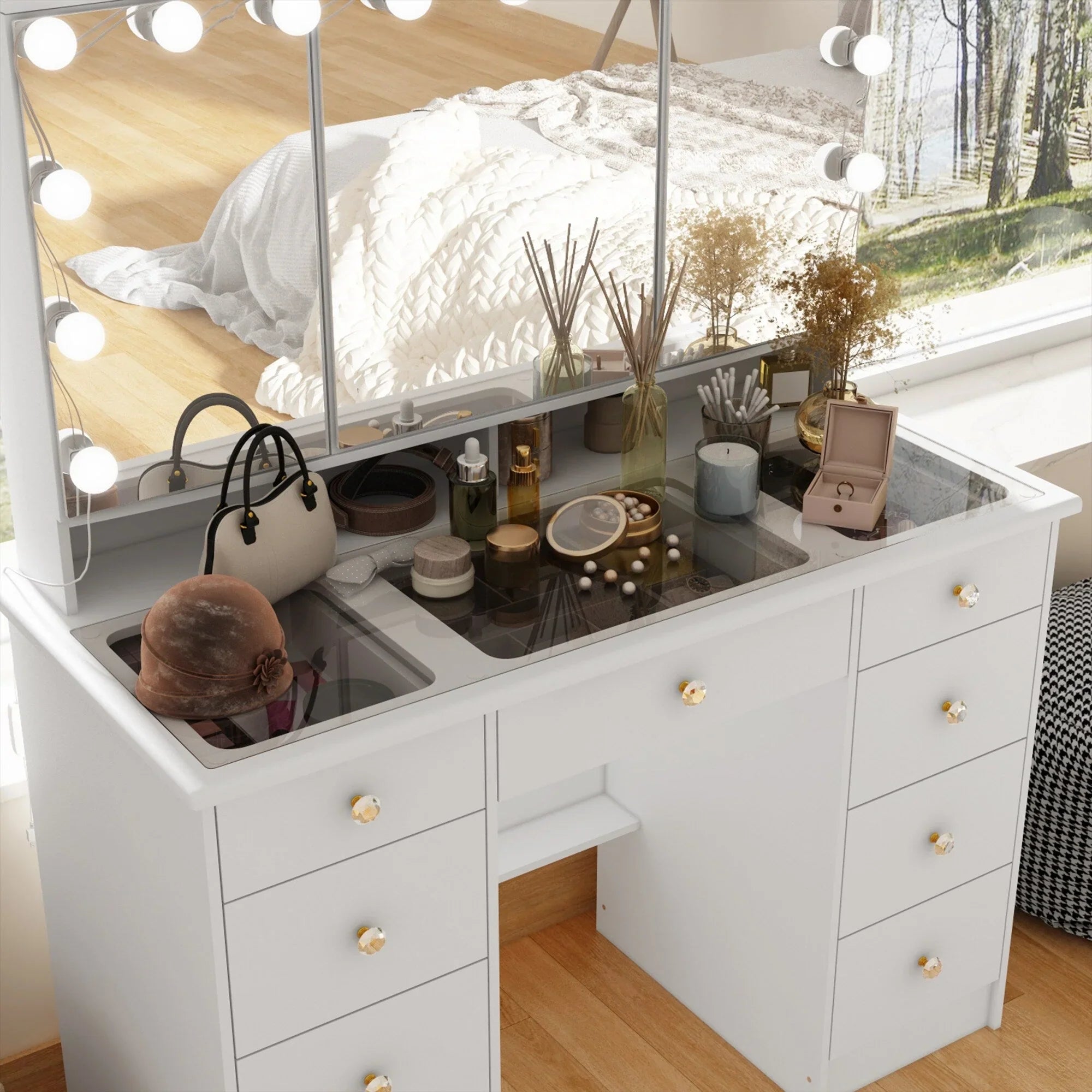 Coiffeuse avec miroir triptyque éclairage certifié et plateau en verre