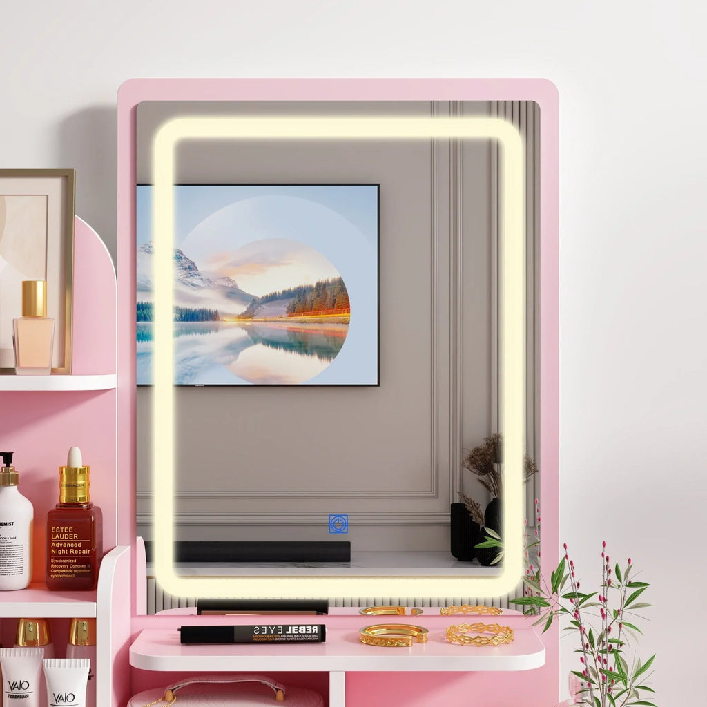 Coiffeuse avec miroir LED intégré et tabouret
