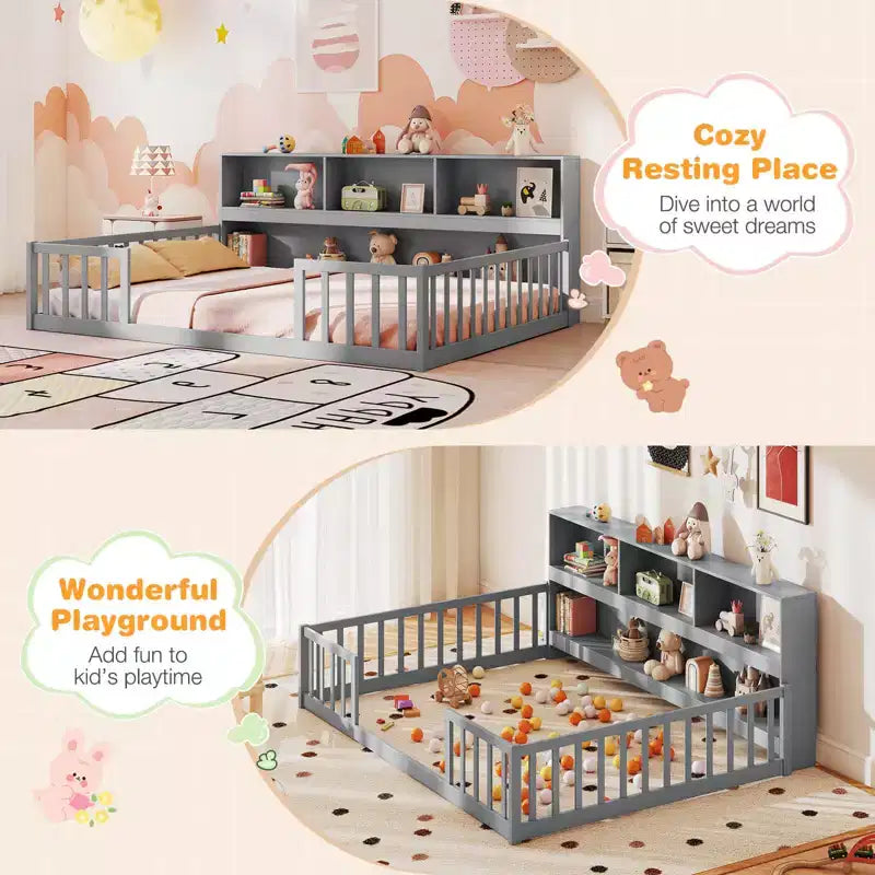 Lit de sol Montessori double/complet avec étagères de rangement et barrières de sécurité Blanc/Gris