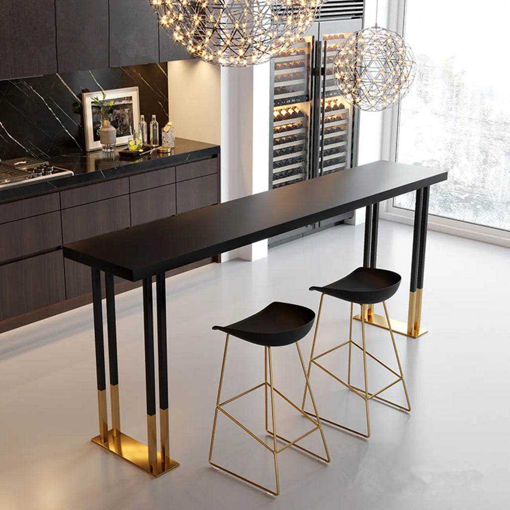 Table de bar rectangulaire de luxe en bois avec base luge dorée pour salle à manger