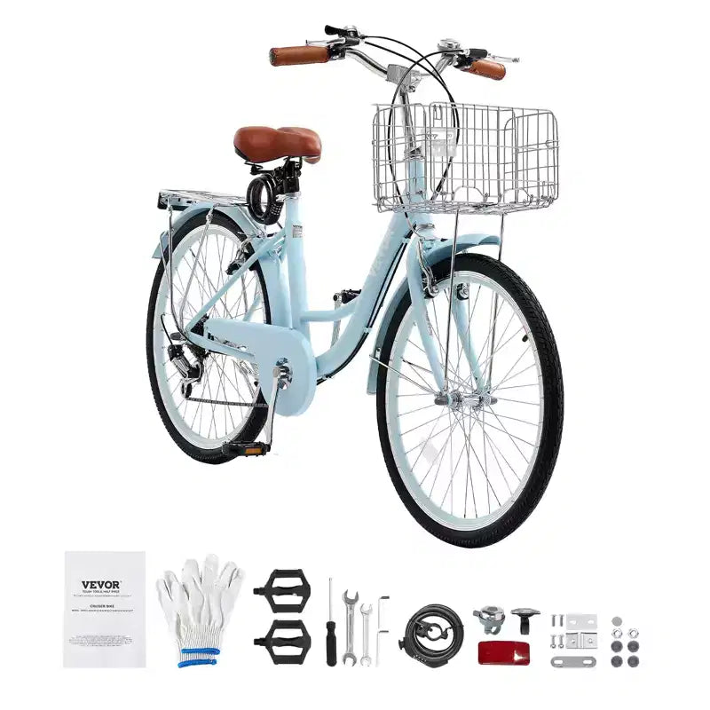 Vélo de croisière VEVOR, 7 vitesses, 26 pouces, bleu clair, avec grand panier et porte-bagages arrière, vélo de croisière sûr et robuste, bleu clair
