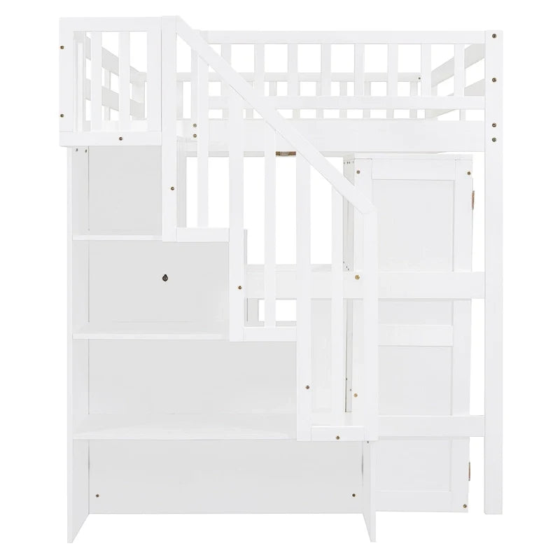 Lit mezzanine double avec escalier, bibliothèque, bureau et armoire – Meuble multifonctionnel et peu encombrant pour enfants et adolescents – Blanc