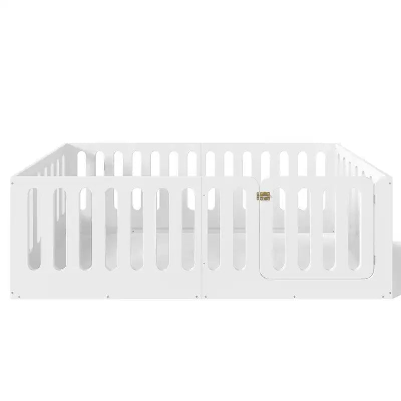 Lit Montessori Jumeau Blanc au Sol avec Barrières et Porte – Bois Massif, 1 Enfant