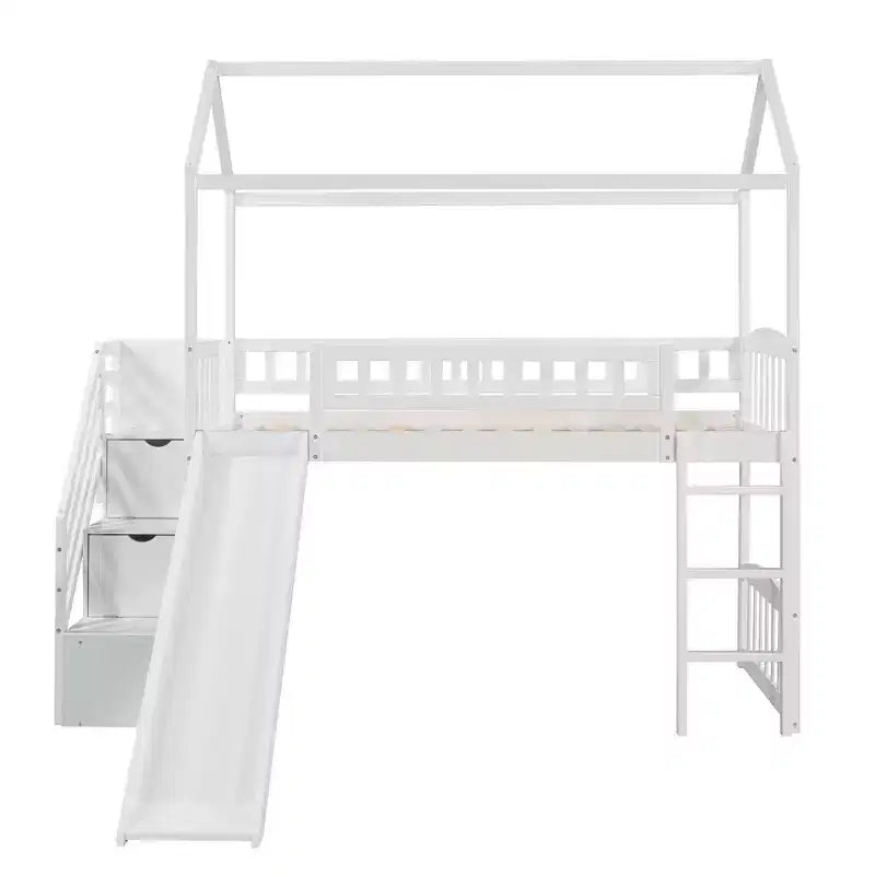 Lit mezzanine jumeau avec toboggan et escalier, lit mezzanine avec tiroirs de rangement, lit mezzanine cabane en bois pour enfants et tout-petits