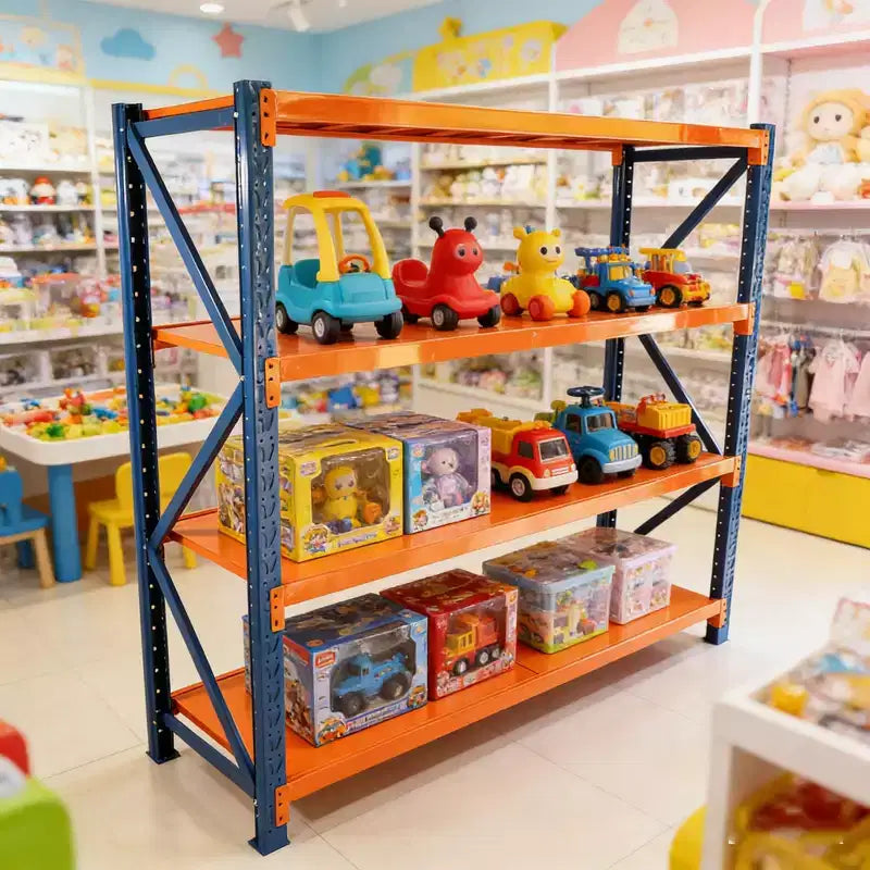 Étagères de garage robustes VIYET, rayonnage métallique réglable à 4 niveaux d'une capacité de 2000 kg, rangement industriel bleu et orange pour magasin/outils/salle de sport.