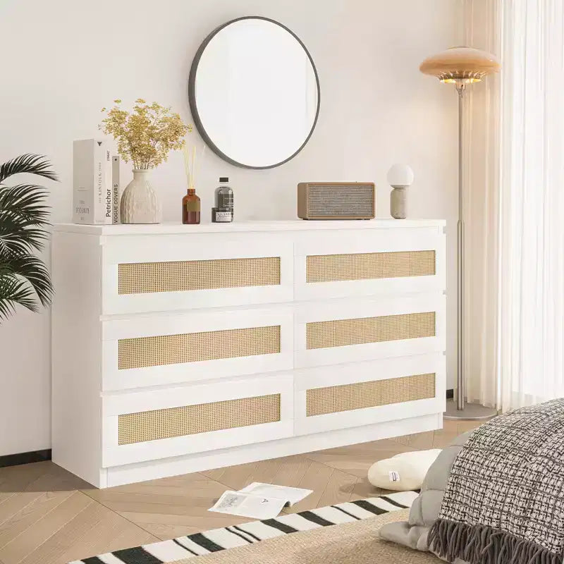 Commode en rotin pour chambre à coucher avec 6 tiroirs, 47 commode large moderne de style ferme, armoire de rangement en bois pour placard, salon, couloir