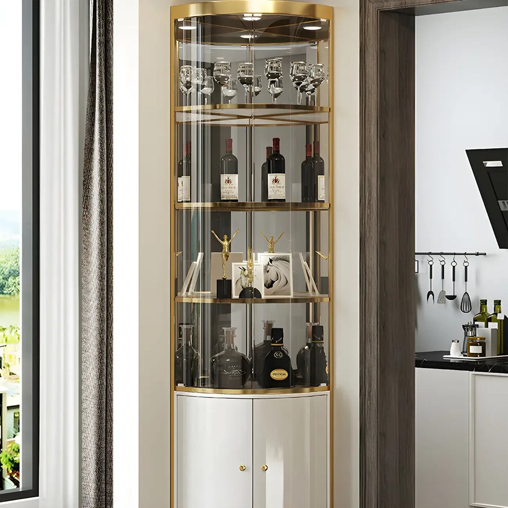 Vitrine d'angle arrondie en métal doré, verre et finition brillante Glam