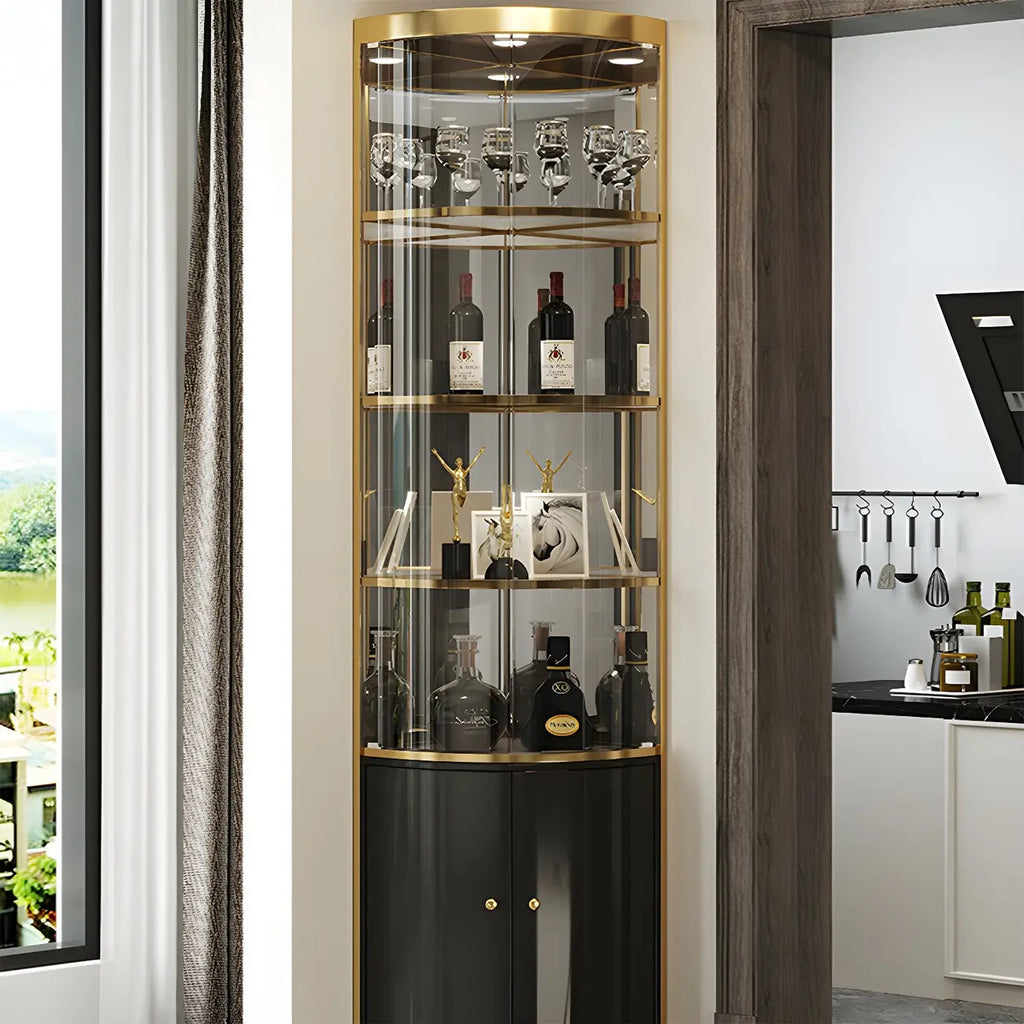 Vitrine d'angle arrondie en métal doré, verre et finition brillante Glam