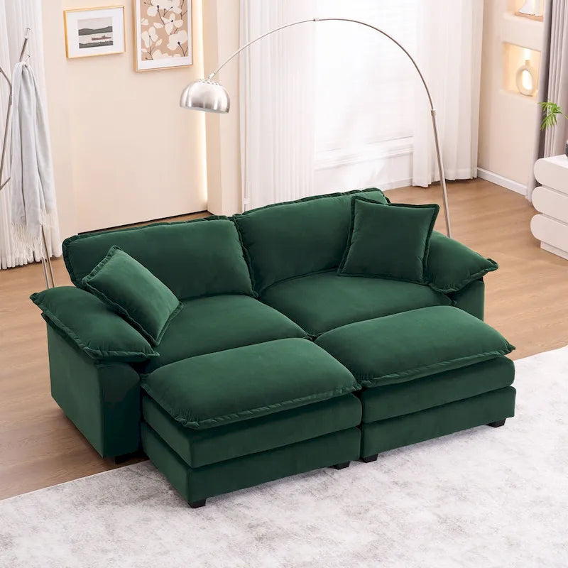 Canapé 2 places avec 2 coussins de siège, 2 oreillers et 2 poufs, canapé confortable - Canapé profond de salon, canapé modulable