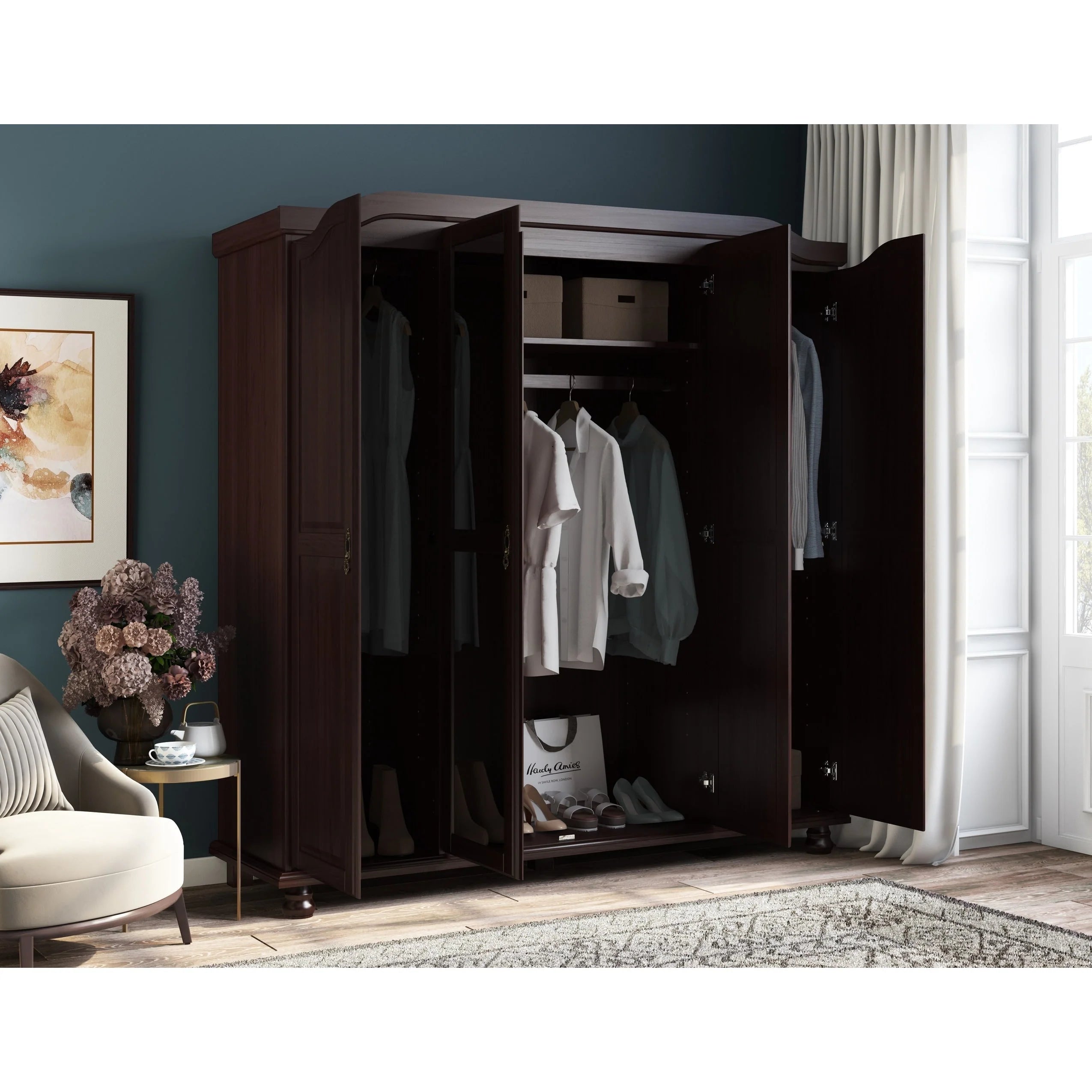 Palace Imports Kyle Armoire 4 portes 100 % en bois massif avec portes en bois massif ou portes miroir
