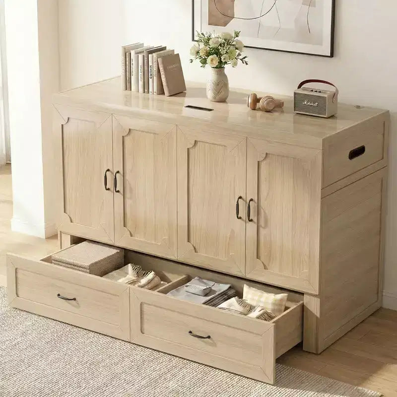 Lit escamotable convertible Queen Size Mjkone avec matelas, chargement USB, tiroirs de rangement
