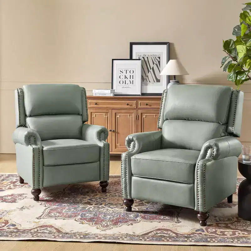 Ensemble de 2 fauteuils inclinables modernes en cuir véritable Elisabete avec garniture cloutée vintage pour salon et chambre à coucher | ART OF LIVING DESIGNS