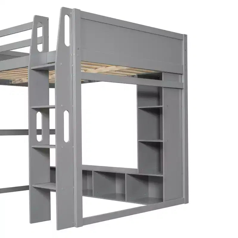 Lit mezzanine gaming Whisen Wood de taille double avec bureau, étagères multi-rangements, LED et une penderie suspendue